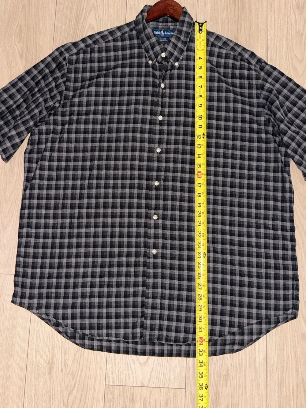 Ralph Lauren Blake Mens XL Charcoal Gray Classic Plaid Cotton Shirt Short Sleeve